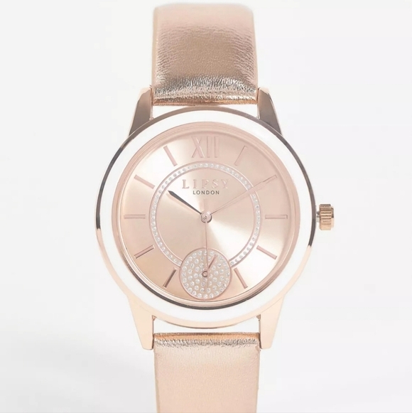 LIPSY | Leather Strap Watch w/ Rhinestone Face Detail in Rose Gold - Picture 6 of 7